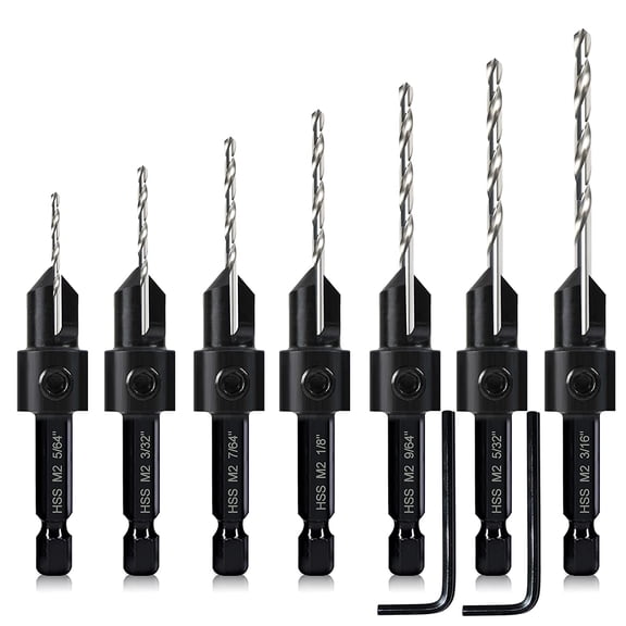 TYHREF-7 Pack Countersink Drill Bits Set, Wood Drill Countersink Counterbore 3in1, Three 82-Degree Chamfer Cutters, M2 Counterbore Cutting Depth Adjustable, with 2 Allen Wrenches and 1/4 Hex Sh