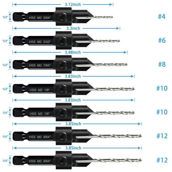 TYHREF-7 Pcs M2 Countersink Drill Bit Set, 3in1 Wood Pilot Countersink Drill Bits for #4#6#8#10#12 Screws Holes, with Adjustable Depth Stop,Quick Release Hex Shank, 2-Allen Wrench