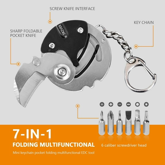 TYHREF-7-in-1 mini outdoor folding multifunctional tool - Small EDC Multitool with Screwdriver Set - portable pocket pendant -Compact Manual Tool (Silver stainless steel)