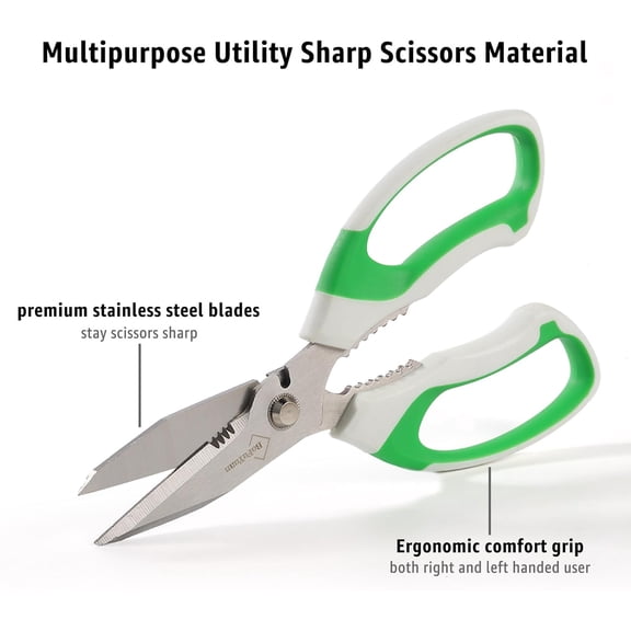 TYHREF-8-Inch Utility Scissors All Purpose Heavy Duty, Serrated Blade, Green Comfort Grip for Cutting Carpet, Cardboard, Leather, Fabric, Multipurpose Sharp Shears for Kitchen, Garden, Office, Carft