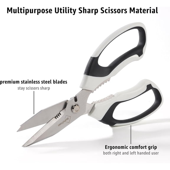 TYHREF-8-Inch Utility Scissors All Purpose Heavy Duty, Serrated Blade, White Comfort Grip for Cutting Carpet, Cardboard, Leather, Fabric, Multipurpose Sharp Shears for Kitchen, Garden, Office, Carft