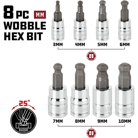 TYHREF-8 Piece Metric Wobble Ball Hex Bit Set, Sizes 3-10mm, Wobble design works at angles up to 25 Degree, S2 Bits and Chrome-Vanadium Sockets, Storage Rail - 642403