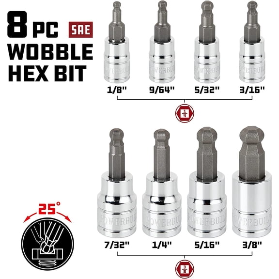 TYHREF-8 Piece SAE Wobble Ball Hex Bit Set, Sizes 1/8"-3/8", Wobble design works at angles up to 25 Degree, S2 Bits and Chrome-Vanadium Sockets, Storage Rail - 642402