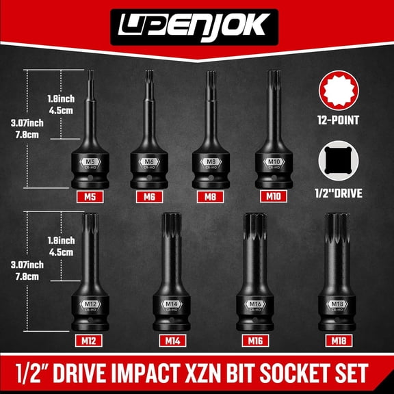 TYHREF-8-Pieces 1/2" Drive Impact XZN Triple Square Bit Socket Set, M5 M6 M8 M10 M12 M14 M16 M18, Impact Spline Bit Socket Set with Storage Case, Professional Master Repair Socket Kit, Cr-Mo Steel