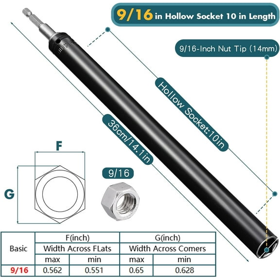 TYHREF-9/16"(14mm) Power Nut Driver, Nut Runner Hollow Socket with 1/4" Hex Shank, Fit Long Bolts and Ductwork for Overhead Fastening Applications Operations(1 Pack, 10 Inch)
