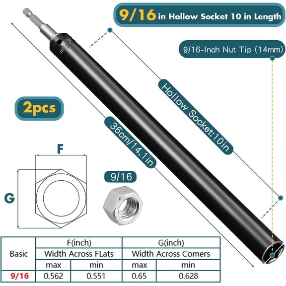 TYHREF-9/16"(14mm) Power Nut Driver, Nut Runner Hollow Socket with 1/4" Hex Shank, Fit Long Bolts and Ductwork for Overhead Fastening Applications Operations(2 Packs,10 Inch)