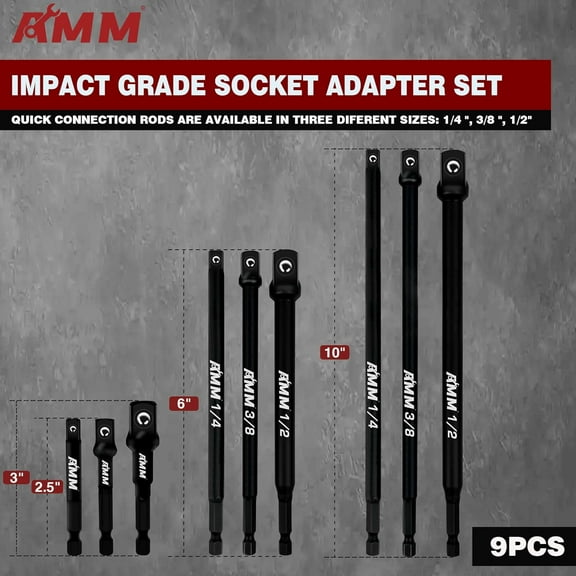 TYHREF-9-Piece Impact Grade Socket Adapter Set1/4", 3/8", and 1/2" Drive | 3", 6", and 10" Socket Driver AdaptorAdapt Your Power Drill To High Torque Impact Wrench