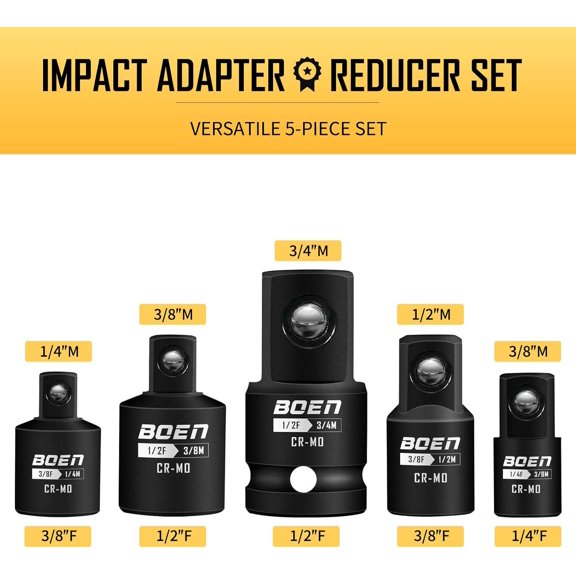 TYHREF-BOEN 5 Piece Impact Socket Adapter Set and Reducer Set, Standard SAE, 1/4", 3/8", 1/2" Impact Driver Conversions, CR-MO Steel Impact Driver & Wrench Conversion Kit