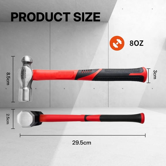 TYHREF-Ball Peen Hammer 8 oz  Dual-Head Carbon Steel Ballpeen Hammer with Non-Slip Fiberglass Handle  Lightweight for Precision DIY & Metalworking