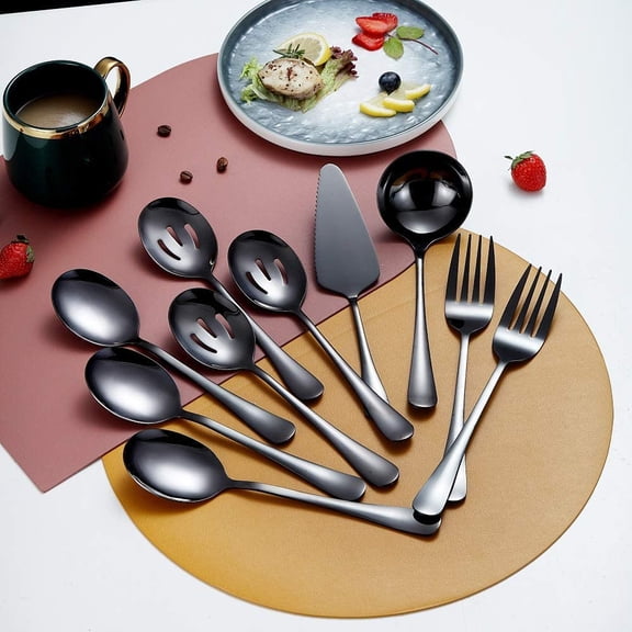 TYHREF-Black 10-Piece Serving Flatware Set, Stainless Steel Serving Utensil Set, Includes Slotted Spoon, Cake Server, Fork, Soup Ladle