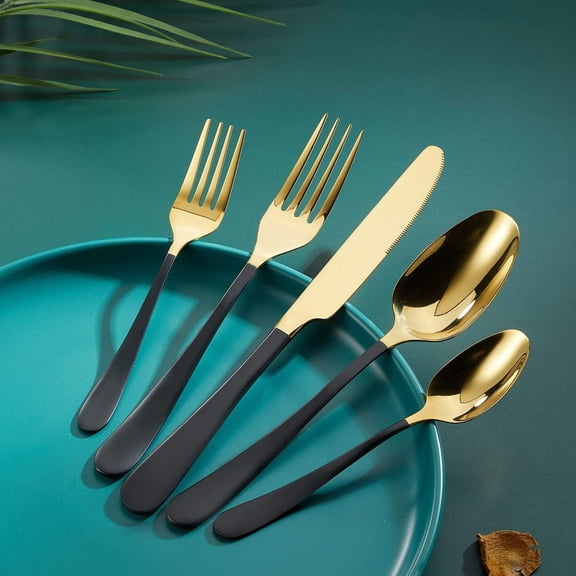 TYHREF-Black and Gold Silverware Set 20-Piece, 18/0 Stainless Steel Titanium Gold with Black Plated Handle Flatware Set, Black Handle with Golden Mouth Cutlery Set, Service for 4