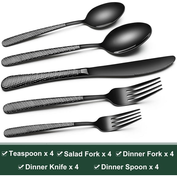 TYHREF-Black Hammered Silverware Set, 20-Piece Stainless Steel Heavy Duty Flatware Set for 4, Food-Grade Tableware Cutlery Set, Utensil Sets for Home Restaurant, Mirror Finish