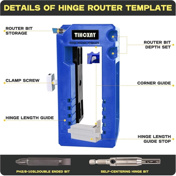 TYHREF-(Blue) Door Hinge Router Template, Door Clamps, Door Mortise, Door Mounting Kit Fits 90 Degree Angles, and Door Hinges with Hinge Type Square, 1/4" or 5/8" Thickness, 3" to 5" Length
