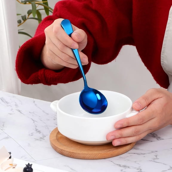 TYHREF-Broth Round Spoon Set, 12 Piece Reusable Stainless Steel Dinner Table Cereal Soup Spoon, Camping Ramen Spoons (Blue)