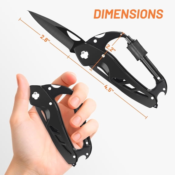 TYHREF-Carabiner Multitool 9-in-1 EDC Pocket Knife, Hexwrench, Saw, Screwdriver, Bottle Opener, Breaker, Survival Gear for Camping Climbing, Gifts for Men Women, Stocking Stuffers (Black)