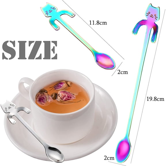 TYHREF-Cat Spoon Coffee Teaspoon, Stainless Steel Hanging Cup Tea Spoon Two Different Lengths Dessert Scoop for Stirring Drink Mixing Milkshake Jam, Set of 6 (Multicolor)