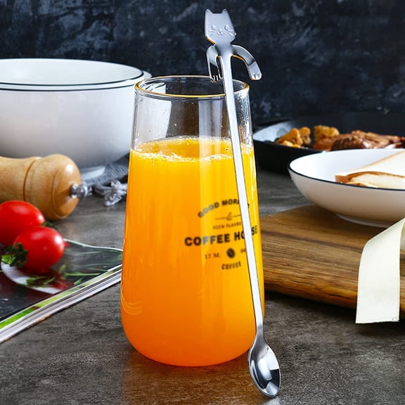 TYHREF-Cat Spoon Coffee Teaspoon, Stainless Steel Hanging Cup Tea Spoon Two Different Lengths Dessert Scoop for Stirring Drink Mixing Milkshake Jam, Set of 6 (Silver)