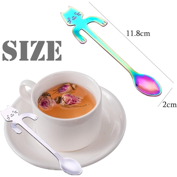 TYHREF-Cat Spoon Coffee Teaspoon, Stainless Steel Hanging Cup Tea Spoon Two Different Lengths Dessert Scoop for Stirring Drink Mixing Milkshake Jam, Set of 6 (Multicolor-S)