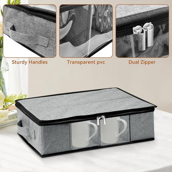 TYHREF-China Cup and Mug Storage Container, 12 Compartments Mug Storage Box with Hard Shell and Dividers Foldable Dustproof China Containers for Protection and Moving Coffee, Tea Cups and Glasses - G