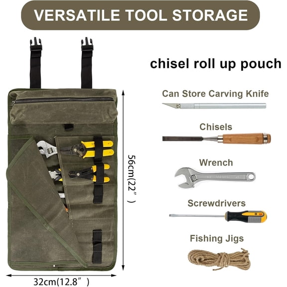 TYHREF-Chisel Roll,6 Pockets Roll Up Tool Pouch,Waxed Canvas Small Tool Roll Organizer and Wrench Roll Up Pouch,Store Chisel,Wrench,Pliers,Carving Knife