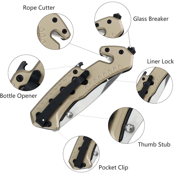TYHREF-Classic Multifunction Pocket Folding Knife with Bottle OpenerGlass Hammer and Rope Cutter, Satin Coated Blade and Aluminum HandleAS-23265 (Desert)