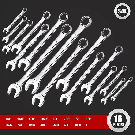 TYHREF-Combination Wrench Set,16-Piece SAE Wrench Set 12-Point Chrome Vanadium Steel Wrenches 1/4"-1" with Rolling Pouch