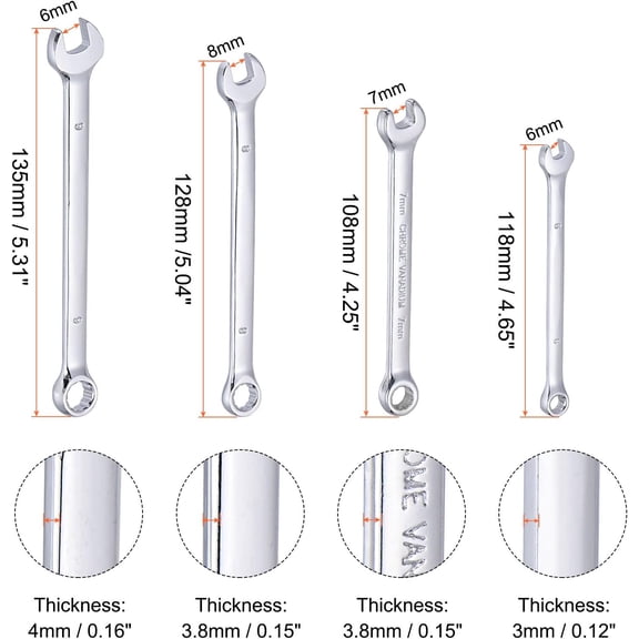 TYHREF-Combination Wrench Set, Metric 6-9mm Open End and Box End, CR-V Steel with Rolling Pouch, 4-Piece