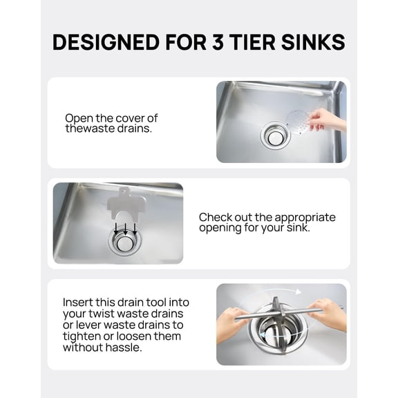 TYHREF-Commercial Sink Drain Removal Tool - 3-Tier Kitchen Sink Wrench for Twist & Lever Waste Drain Installation & Removal, Stainless Steel Drain Extractor Tool for Commercial Kitchens