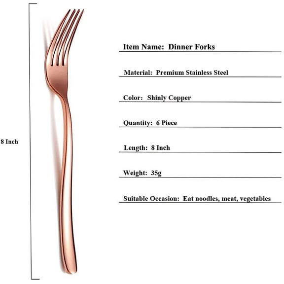 TYHREF-Copper Dinner Forks 6 Piece, Stainless Steel 8'' Forks Silverware Set, Dessert Forks, Table Forks, Salad Forks for Home, Kitchen or Restaurant, Dishwasher Safe