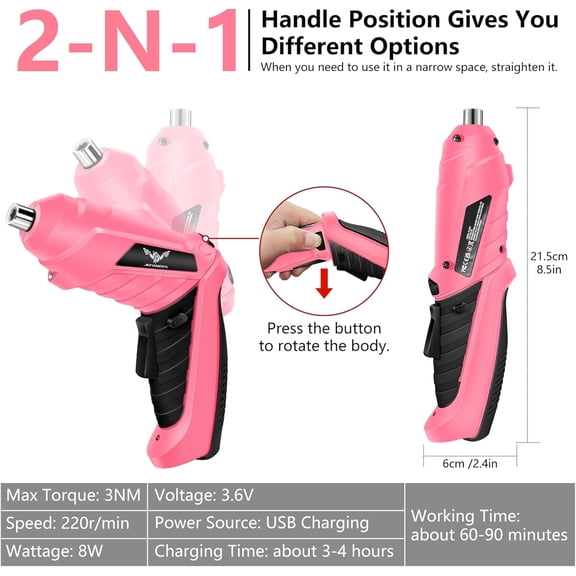 TYHREF-Cordless Electric Screwdriver Set 3.6V Rechargeable Small Power Drill, 3Nm Screw Gun with 2 Position Handle, LED Light, 14 in 1 Driver Bit Set, Pink & Black