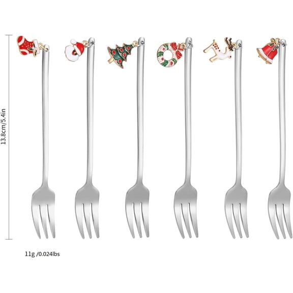 TYHREF-Dessert Forks Set Silverware Silver Christmas Stainless Steel Appetizer Serving Utensils with 6 Designs Xmas Pendants for Festival Parties Everyday Use