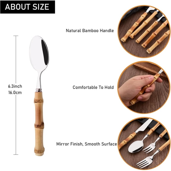 TYHREF-Dessert Spoon Set with Bamboo Handle, 8-Piece Stainless Steel Shiny Silver Dessert Spoon, Natural Bamboo Cutlery, Creative Design Small Spoons for Home Restaurant, 6.65 inch, Handcrafted