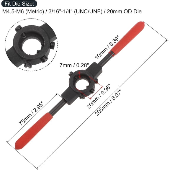 TYHREF-Die Stock Handle Wrench, for Metric M4.5-M6 (Metric) / 3/16"-1/4" (UNC/UNF) / 20mm OD Round Dies, 20mm x 7mm Threading Die Holder with Plastic Handle