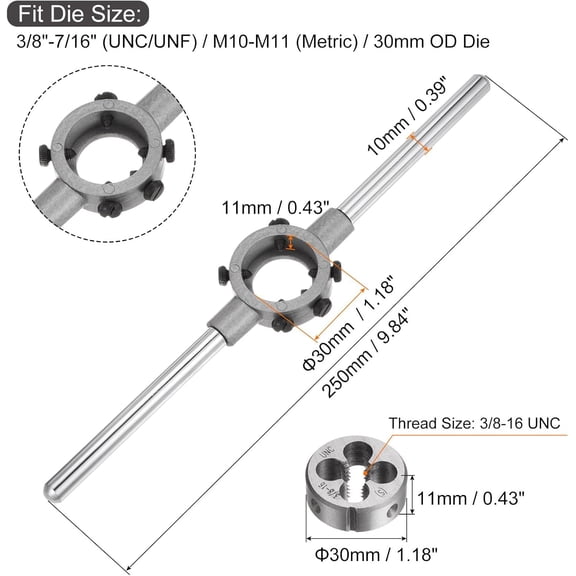 TYHREF-Die Stock Handle Wrench Set, 3/8-16 UNC Round Die and 30mm Die Holder (Fits 3/8"-7/16" (UNC/UNF) / Metric M10-M11 / 30mm OD Dies) for Bolt Thread Repair