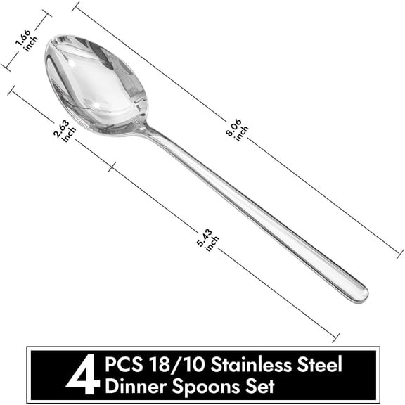 TYHREF-Dinner Spoons Set of 4, 8 Inch 18/10 Stainless Steel Spoons Cutlery Table Spoon for Home, Kitchen & Restaurant, Dishwasher Safe
