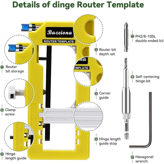 TYHREF-Door Hinge Jig, Door Hinge Mortiser for Router, Length 3 to 5 and Thickness 1/4 or 5/8 Hinges (Green)