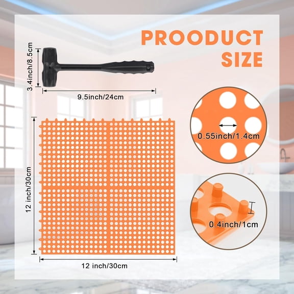 TYHREF-Drainage Tiles Modular Interlocking Floor Tiles with 1 Pc Plastic Hammer 12" x 12" Cushion Mat Non Slip Rubber Floor mat with Holes for Pool Bathroom Deck Kitchen Patio(Orange,8 Pack)