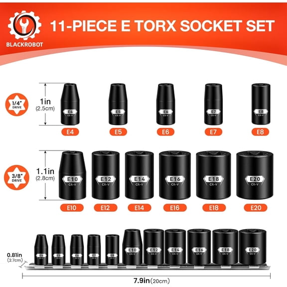 TYHREF-E Torx & Star Socket Set With Rail, 11-Piece Female External Sockets, 3/8" 1/4" Drive Precision Torque Inverted Torx Kit, E4 E5 E6 E7 E8 E10 E12 E14 E16 E18 E20 Reverse Socket