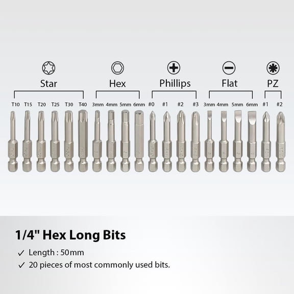 TYHREF-FIRSTINFO H5199D Screwdriver Bit Set | S2 Alloy Steel | 1/4" Hex Head 50mm Long, 20 Pieces with Phillips Hex Star Flat and PZ