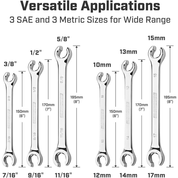 TYHREF-Flare Nut Wrench Set: 6-piece SAE & Metric Line Wrench Set for Removing or Replacing Nuts on Fuel, Brake or Air Conditioning Lines, Organizer Pouch Included