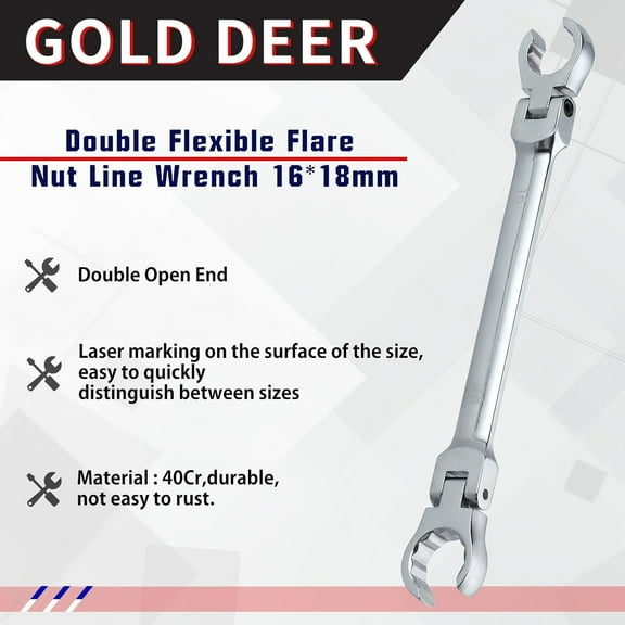 TYHREF-Flex Head Flare Nut Wrench 16 * 18mm Flexible Line Set - Metric Flare Tool for Automotive and Plumbing Repairs - 40Cr Steel