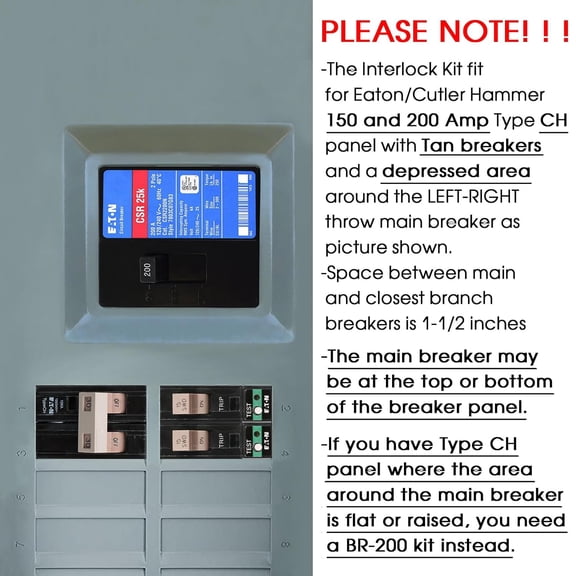 TYHREF-Generator Interlock Kit Compatible with Eaton Cutler Hammer Only CH SERIES TAN Breaker 150 and 200 amp Panels,Generator Horizontal Electrical Interlock Kit,1 1/2 in Spacing Between Main Branch