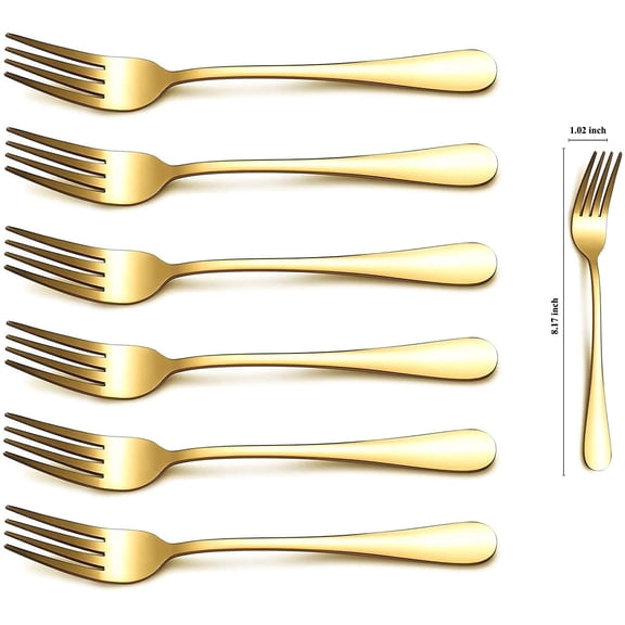 TYHREF-Gold Dinner Forks - 6 Piece Set, Stainless Steel, 8.17 Inch, Titanium Plated Wedding Silverware