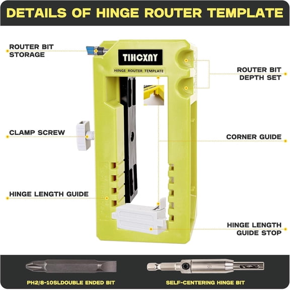 TYHREF-(Green) Door Hinge Router Template, Door Clamps, Door Mortise, Door Mounting Kit Fits 90 Degree Angles, and Door Hinges with Hinge Type Square, 1/4" or 5/8" Thickness, 3" to 5" Length