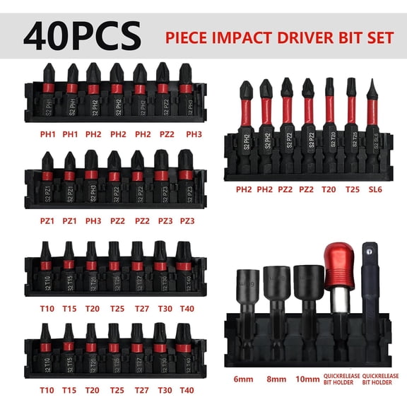 TYHREF-Greywolf Impact Driver Bit Set, 40 Piece 1/4" Impact Driver Bit Set, S2 Magnetic Magnetic S2 Steel Phillips/Slotted/Square/Torx Driver Bits with Retractable Bit Holder and Magnetic Nut Driver