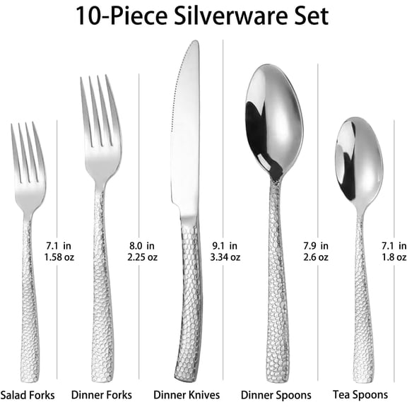 TYHREF-Hammered Silverware Set for 2, 10 Pieces Stainless Steel Luxury Flatware Set, Cutlery Tableware Set, Kitchen Utensils Set Include Spoons And Forks Set, Mirror Polished, Dishwasher Safe