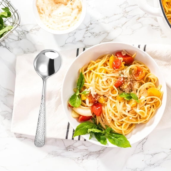 TYHREF-Hammered Spoons, 4 Pcs Stainless Steel Soup Spoons Set Teaspoons Fine Dessert Spoon with Round Edge Table Dinner Spoon, Mirror Polished, Elegant Design, Dishwasher Safe (6.4 Inches)