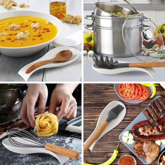 TYHREF-Hasense Spoon Rest for Stove Top, Cooking Spoon Holder for Kitchen Counter, Porcelain Utensil Rest for Spatula, Ladle and Tong, Modern Classic Kitchen Coffee Bar Decor, White