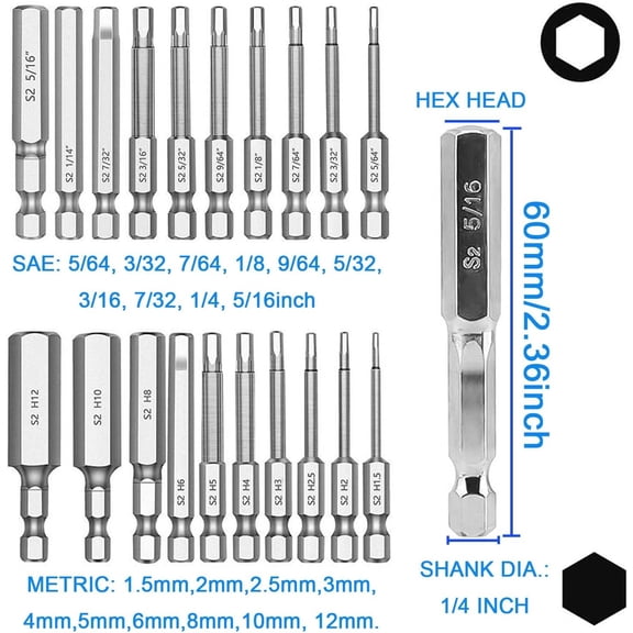 TYHREF-Hex Head Allen Wrench Bit Set - 20Pcs 1/4 Inch Hex Shank S2 Steel Metric & SAE Quick Change Magnetic Tip Screwdriver Drill Driver Bits for Assembling Furniture, 2.36 Inch Length