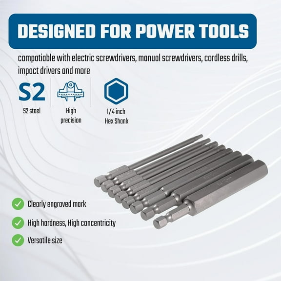 TYHREF-Hex Head Allen Wrench Metric Long Screwdriver Bit Set 8PCS 1/4 Inch Hex Shank 4 Inch/100 mm Length S2 Steel with Magnetic for Power Screwdriver Drill Impact Driver